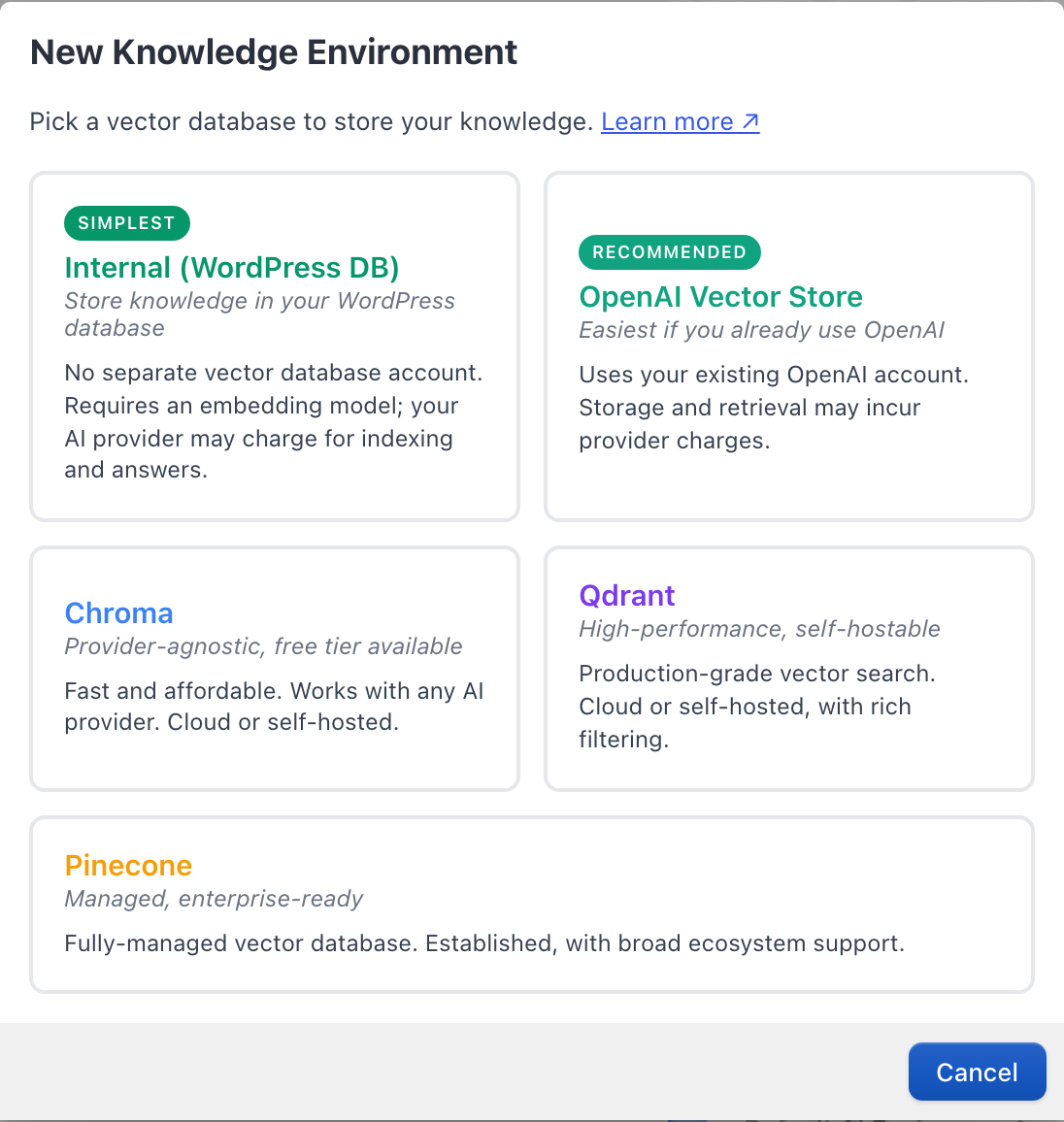 New Knowledge Environment chooser