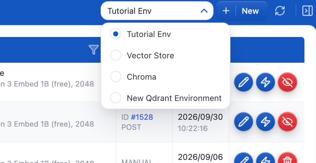Selecting an environment in the Knowledge tab