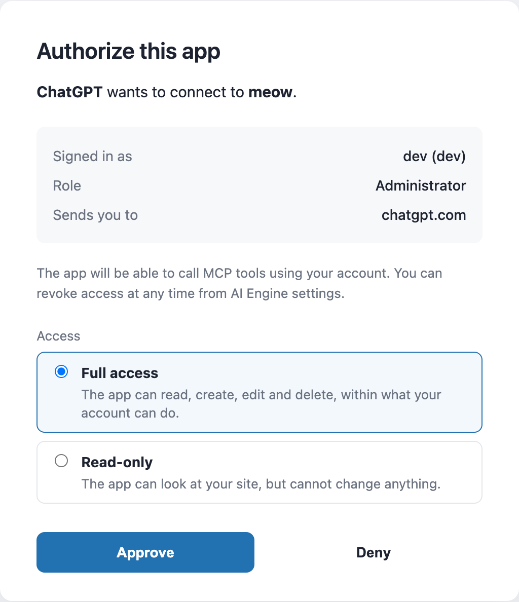 AI Engine authorization page with Full access and Read-only choices