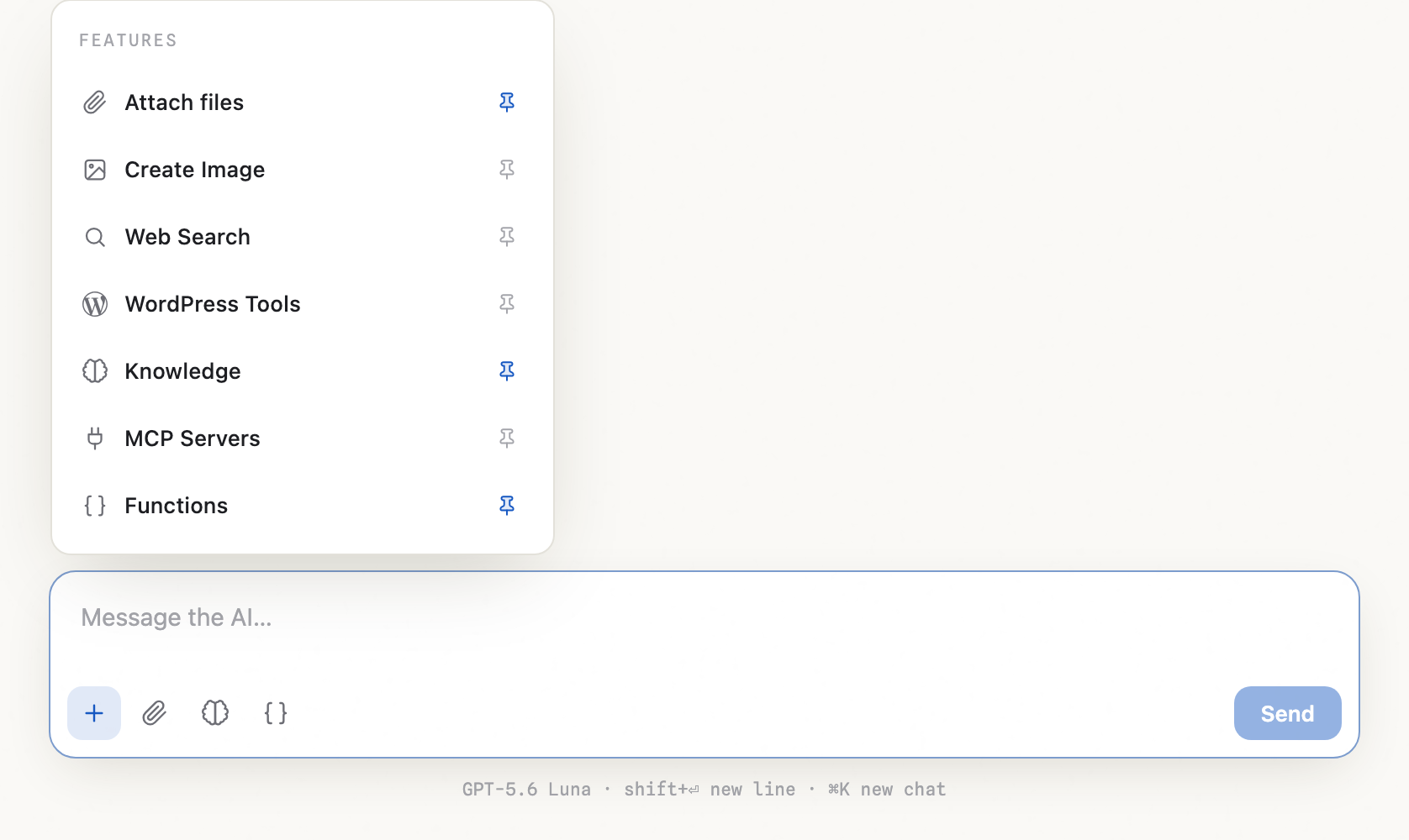 The Features menu of the Workspace composer