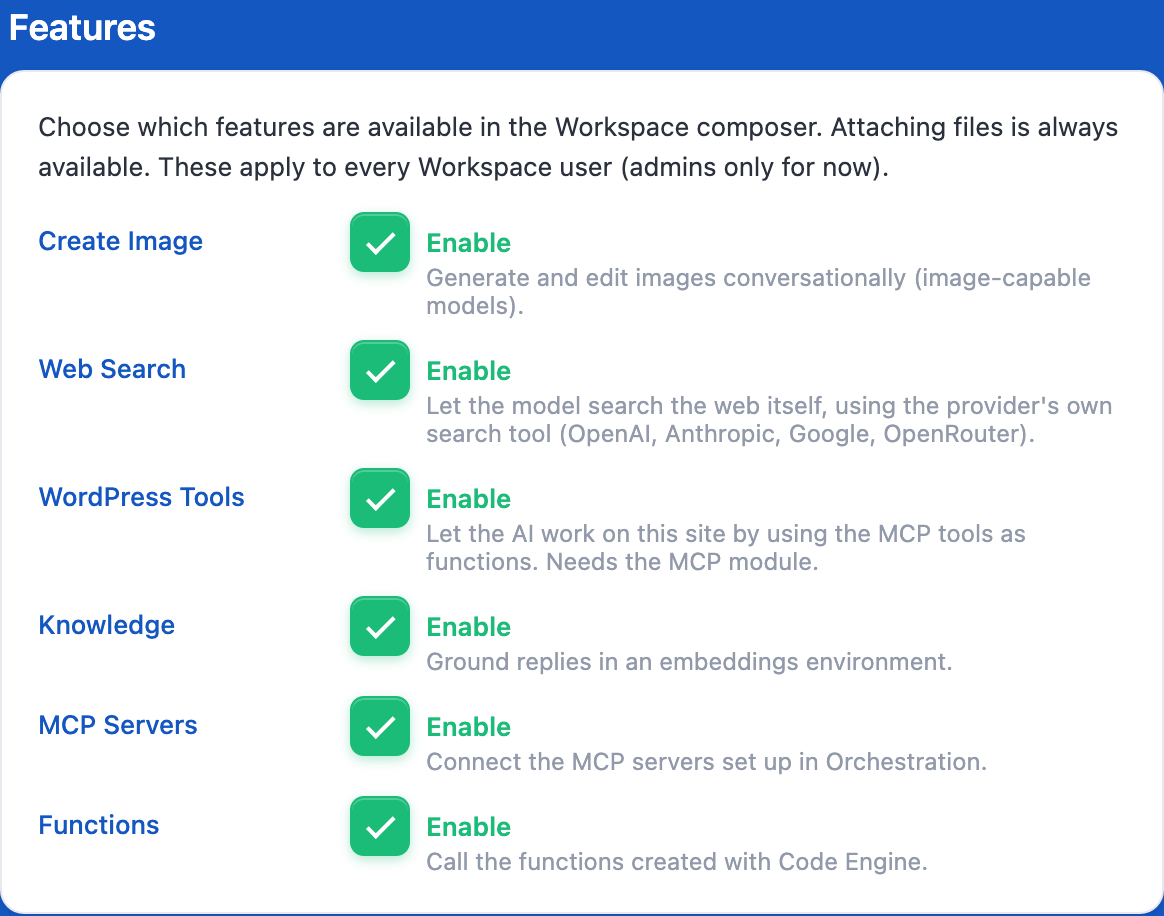 Workspace features in Settings